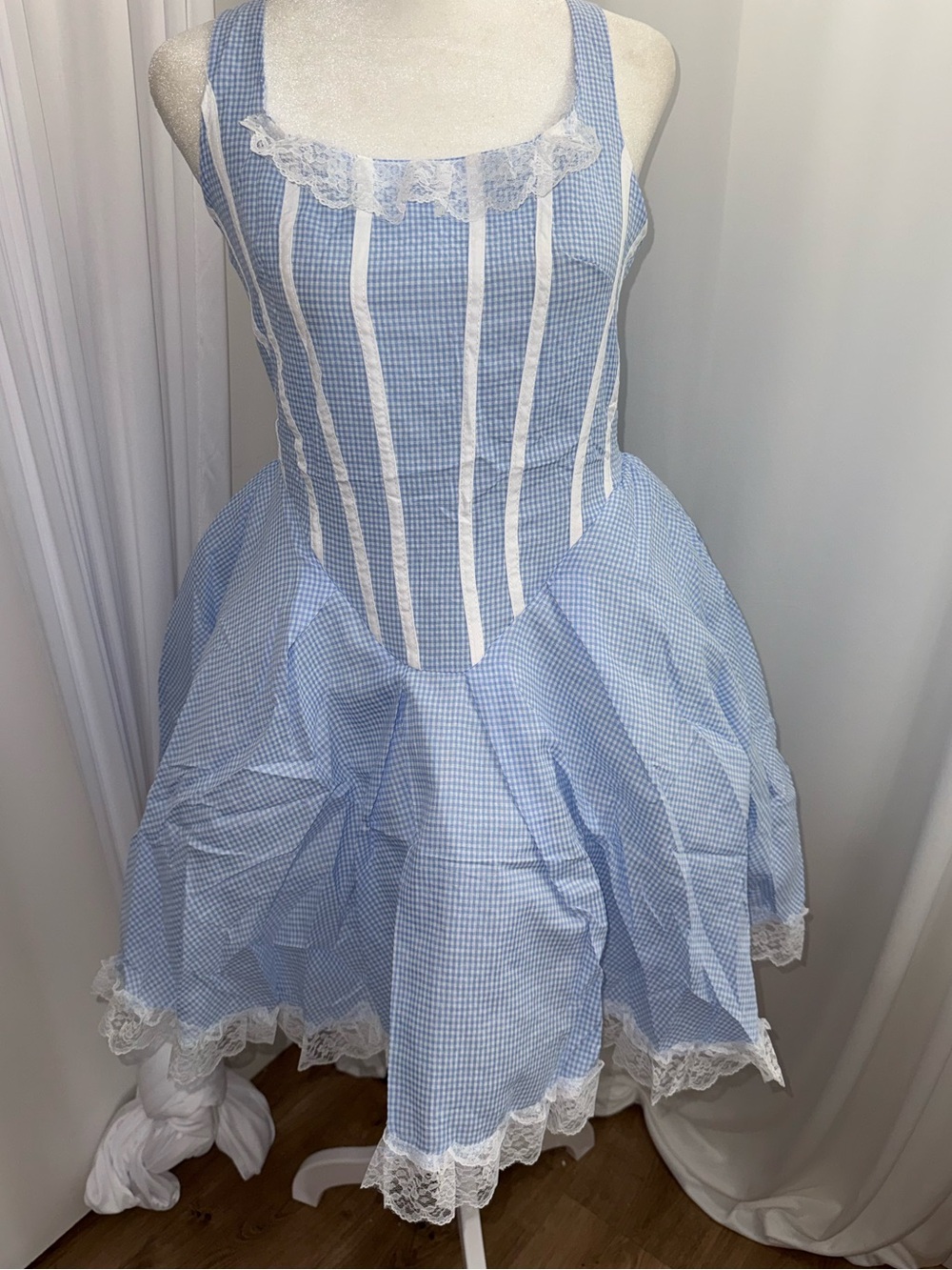 Brand new Blue gingham dress with white lace trim and ruffles